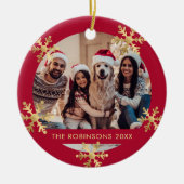 Elegantes Snowflake Rot und Gold Foto Weihnachten Keramik Ornament (Vorne)