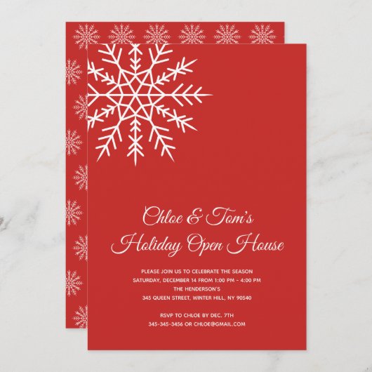 Elegantes Snowflake Rotes Holiday Open House Einladung (Vorne/Hinten)