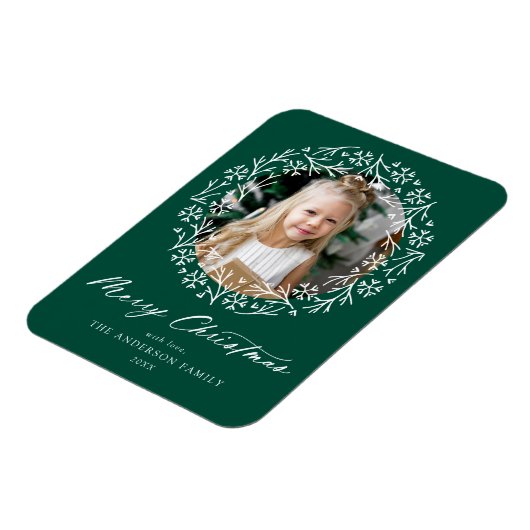Elegantes Snowflake Wreath Green Foto Magnet (Linke Seite)