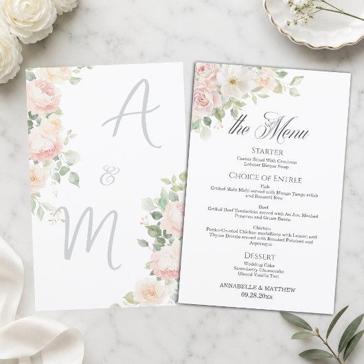 Elegantes Soft Blush Rosen Budget-Hochzeitsmenü