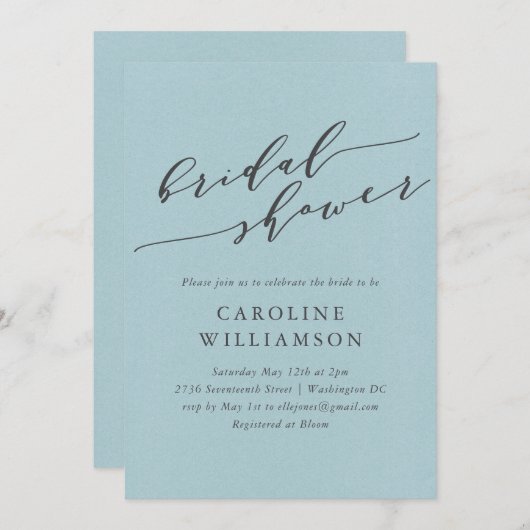 Elegantes Soft Light Blue Script-Brautparty Einladung (Vorne/Hinten)