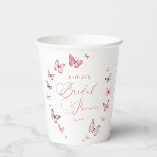 Elegantes Soft Pink Butterfly Brautparty Pappbecher (Rückseite)