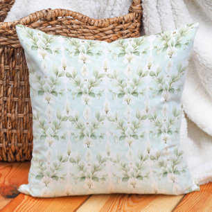 Elegantes Softblau-Salbei-Elfenbein-Blumen-Botanik Kissen
