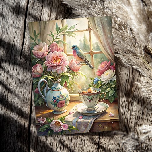 Elegantes Sommerfenster mit Vogelrosa Seidenpapier