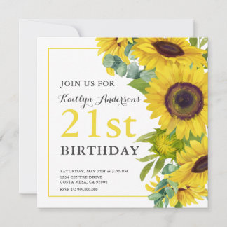 Elegantes Sonnenblumen 21. BIrdday Party Einladung