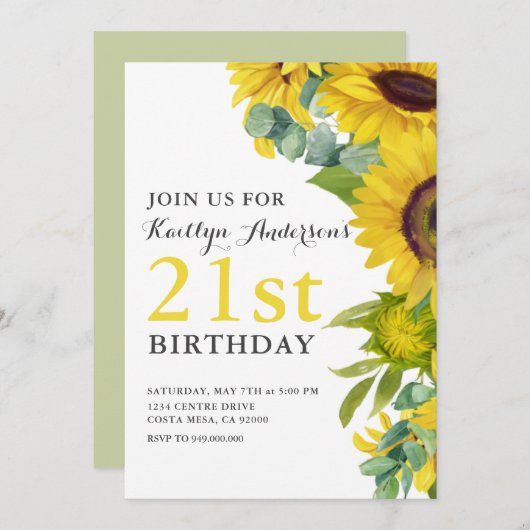 Elegantes Sonnenblumen 21. BIrdday Party Einladung (Vorne/Hinten)