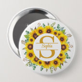 Elegantes Sonnenblumen-Blumen-Monogramm mit Namen Button (Vorne & Hinten)
