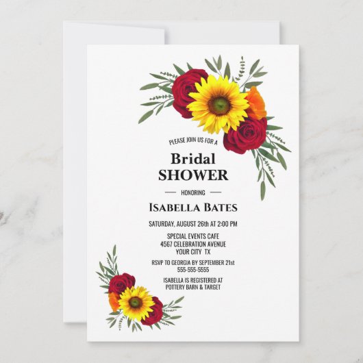 Elegantes Sonnenblumen Burgund Rose Brautparty Einladung (Vorderseite)