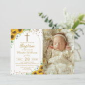 Elegantes Sonnenblumen Glitzer Taufe Foto Einladung (Stehend Vorderseite)