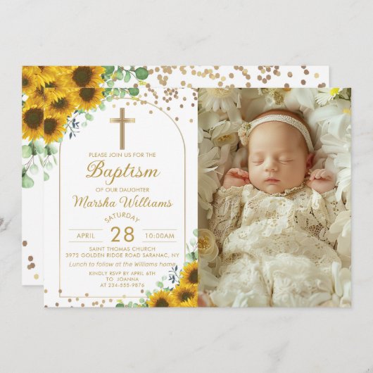 Elegantes Sonnenblumen Glitzer Taufe Foto Einladung (Vorne/Hinten)