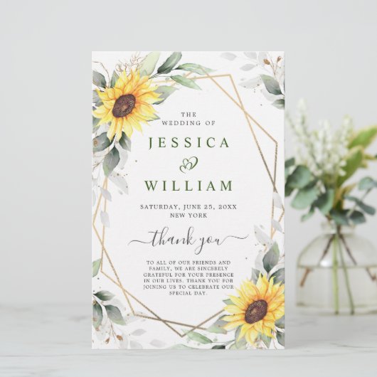Elegantes Sonnenblumen-Hochzeitsprogramm (Stehend Vorderseite)