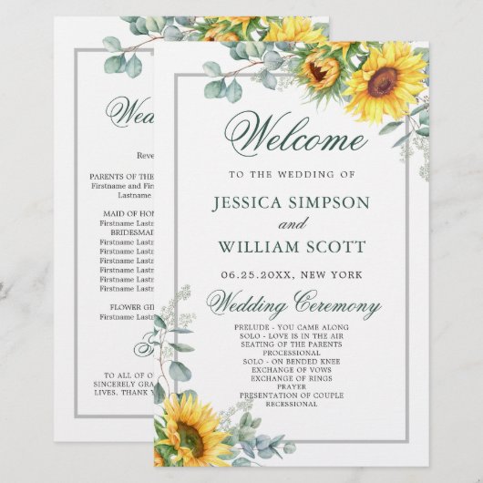 Elegantes Sonnenblumen Rustikales Hochzeitsprogram (Vorne/Hinten)