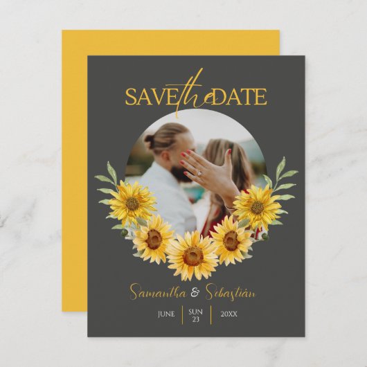 Elegantes Sonnenblumenbogen Foto Save the Date fla (Vorne/Hinten)