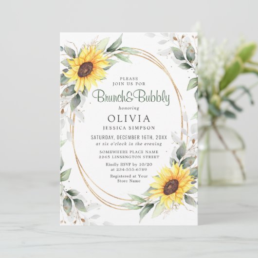 Elegantes Sonnenblumengrün Brautparty Einladung (Stehend Vorderseite)