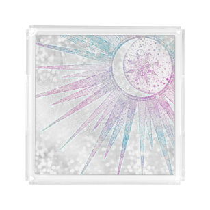 Elegantes Sonnenmond Mandala Silver Design Acryl Tablett