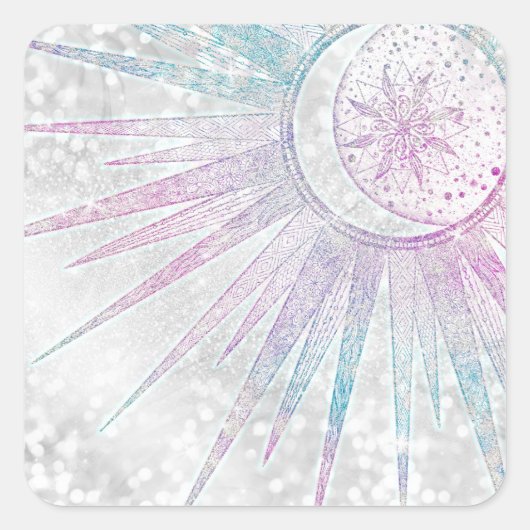 Elegantes Sonnenmond Mandala Silver Design Quadratischer Aufkleber (Vorderseite)