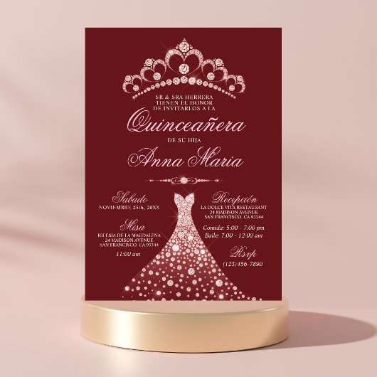 Elegantes Spanisch Quinceañera Mis Quince Burgundy Einladung