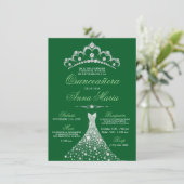 Elegantes Spanisch Quinceañera Mis Quince Green Einladung (Stehend Vorderseite)