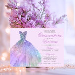 Elegantes Spanisch Quinceañera Mis Quince Lila Einladung<br><div class="desc">Moderne und dennoch elegante Einladungen in Quinceañera Mis Quince Anos. Glitzer Diamant Tiara / Krone und Kleid / Kleid / Kleid. Hellblütenlavender lila mit farbenfrohen blauen Farben. Einfache Bearbeitung von Vorlagenkarten. Perfekt für die 15. Geburtstagsfeier.</div>