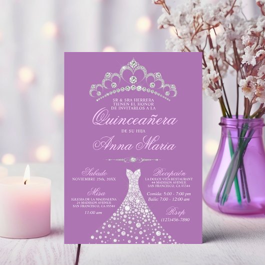 Elegantes Spanisch Quinceañera Mis Quince Lila Einladung