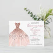 Elegantes Spanisch Quinceañera Mis Quince Pink Ros Einladung (Stehend Vorderseite)