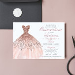 Elegantes Spanisch Quinceañera Mis Quince Pink Ros Einladung<br><div class="desc">Moderne und dennoch elegante Einladungen in Quinceañera Mis Quince Anos. Glitzer Diamant Tiara / Krone und Kleid / Kleid / Kleid. Hellrot rosa rosa rosa goldene Farben. Einfache Bearbeitung von Vorlagenkarten. Perfekt für die 15. Geburtstagsfeier.</div>