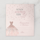 Elegantes Spanisch Quinceañera Mis Quince Pink Ros Platzkarte (Außenseite Aufgefaltet)