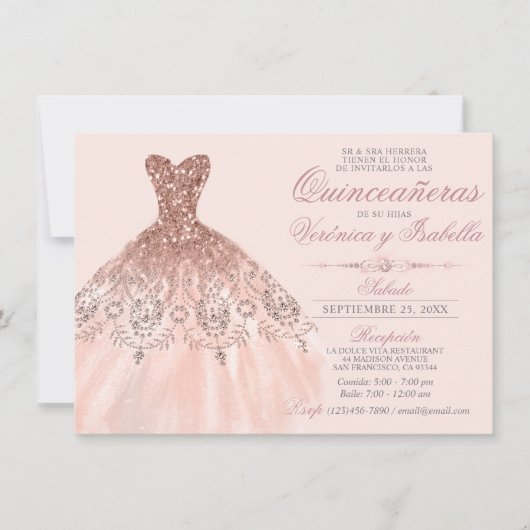 Elegantes Spanisch Quinceañera Quince Pink Rose Tw Einladung (Vorderseite)