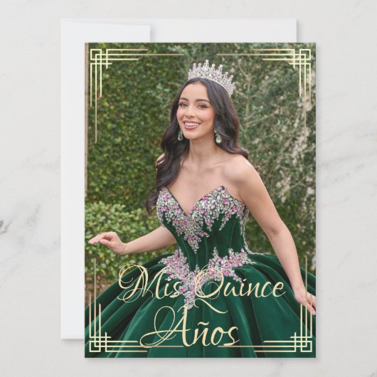 Elegantes spanisches Quinceañera Mis Quince Green Einladung (Vorderseite)