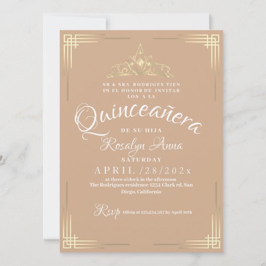 Elegantes spanisches Quinceñera Mis Quince Beige G Einladung (Rückseite)