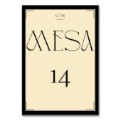 Elegantes Spanisches Schwarzes Creme Monogramm Num Tischnummer (Vorderseite)