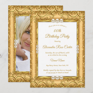 Elegantes SPARKLE GOLD Weiße Perlen Foto Geburtsta Einladung