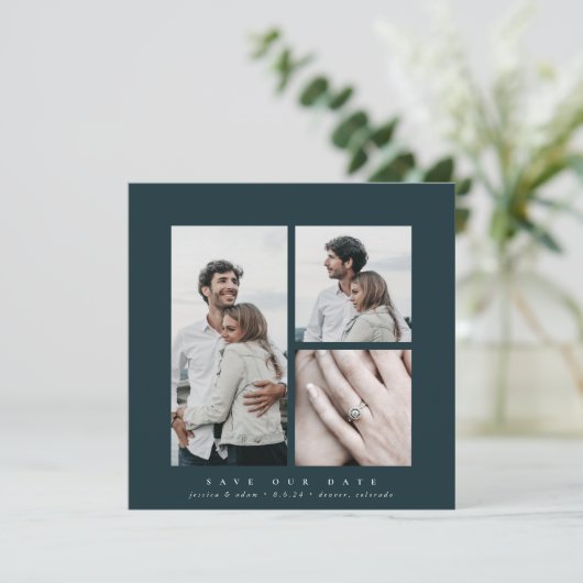 Elegantes Square Multi-Foto Save The Date (Stehend Vorderseite)