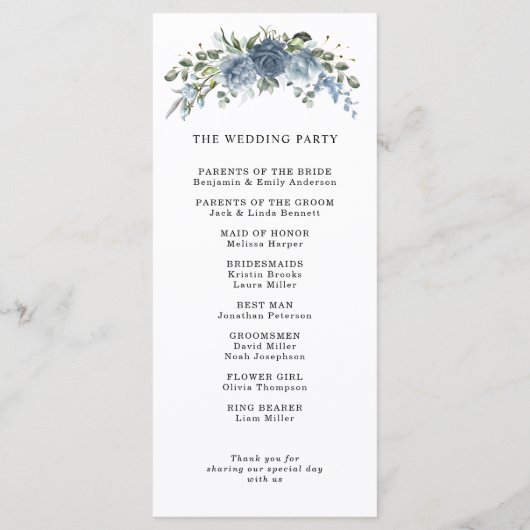 Elegantes staubblaues Blumen-Hochzeitsprogramm Programm (Rückseite)