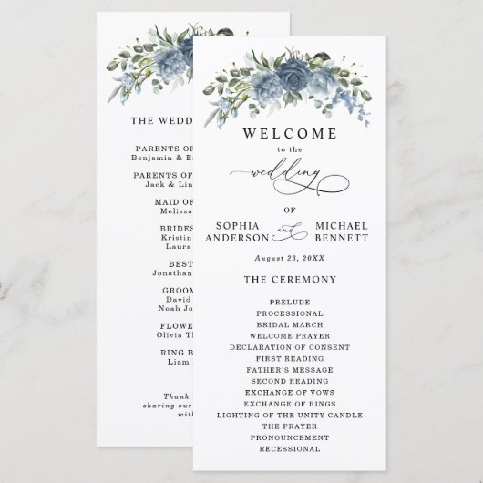 Elegantes staubblaues Blumen-Hochzeitsprogramm Programm (Vorne/Hinten)
