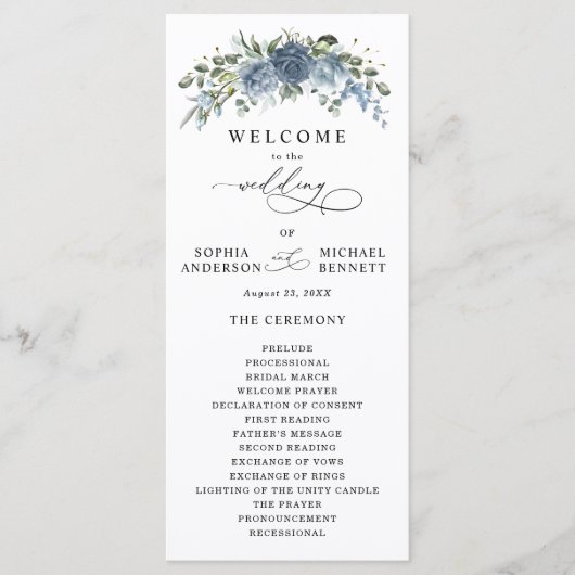 Elegantes staubblaues Blumen-Hochzeitsprogramm Programm (Vorderseite)