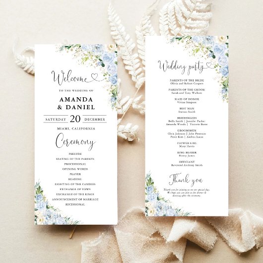 Elegantes staubblaues florales Hochzeitsprogramm Programm