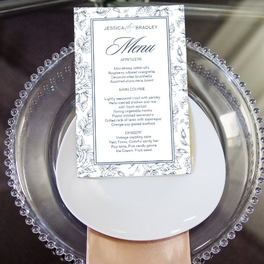 Elegantes, staubblaues Hochzeitsmenü Vintager Rose