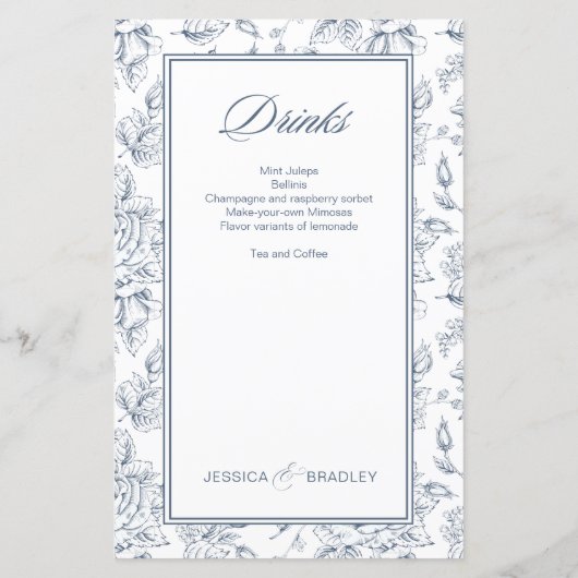 Elegantes, staubblaues Hochzeitsmenü Vintager Rose (Rückseite)