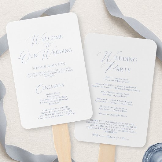 Elegantes staubblaues Hochzeitsprogramm & Willkomm Fächer
