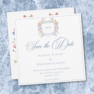 Elegantes staubblaues Pastell-Wildblumen-Wappen zu Save The Date