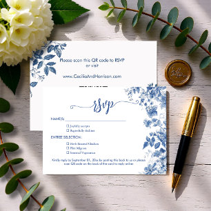 Elegantes staubblaues Toile-Blumen-Hochzeit mit QR RSVP Karte