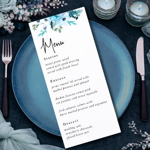 Elegantes staubblaues weißes Blumen Hochzeitsmenü Menükarte