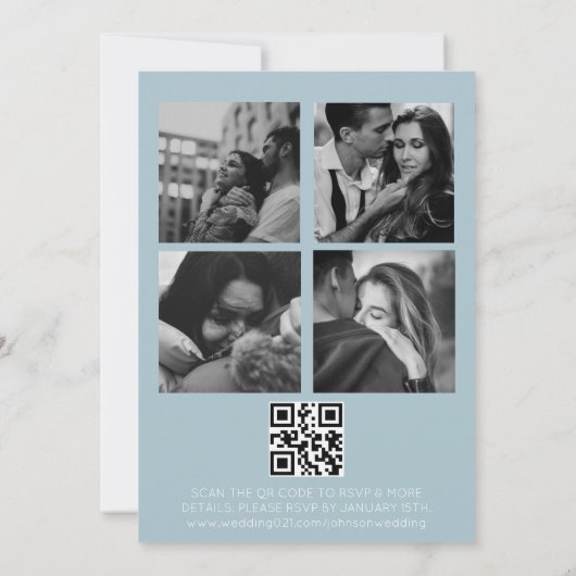 Elegantes staubiges Blau in einer Hochzeit Einladung (Rückseite)