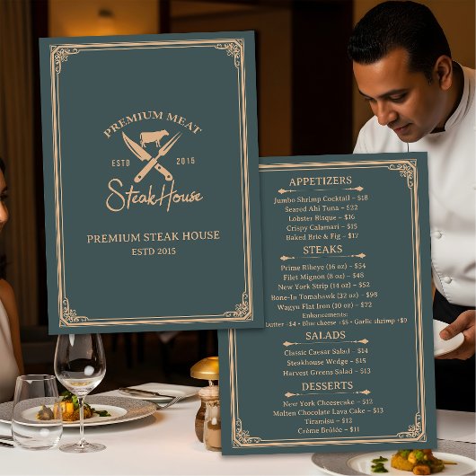 Elegantes Steakhouse-Abendessen Menükarte