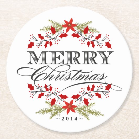 Elegantes Stechpalmen-WeihnachtsVintage Typografie Runder Pappuntersetzer (Vorderseite)