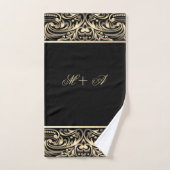 Elegantes, stilvolles Schwarz-Gold-Wirbel Monogram Badhandtuch Set (Handtuch)