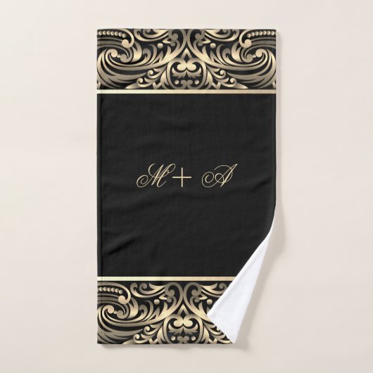 Elegantes, stilvolles Schwarz-Gold-Wirbel Monogram Badhandtuch Set (Handtuch)