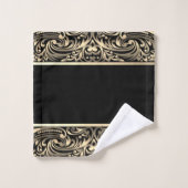 Elegantes, stilvolles Schwarz-Gold-Wirbel Monogram Badhandtuch Set (Waschlappen)