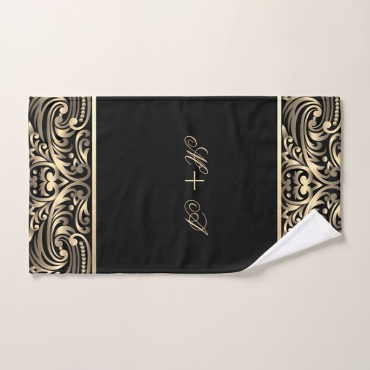 Elegantes, stilvolles Schwarz-Gold-Wirbel Monogram Badhandtuch Set (Handtuch)